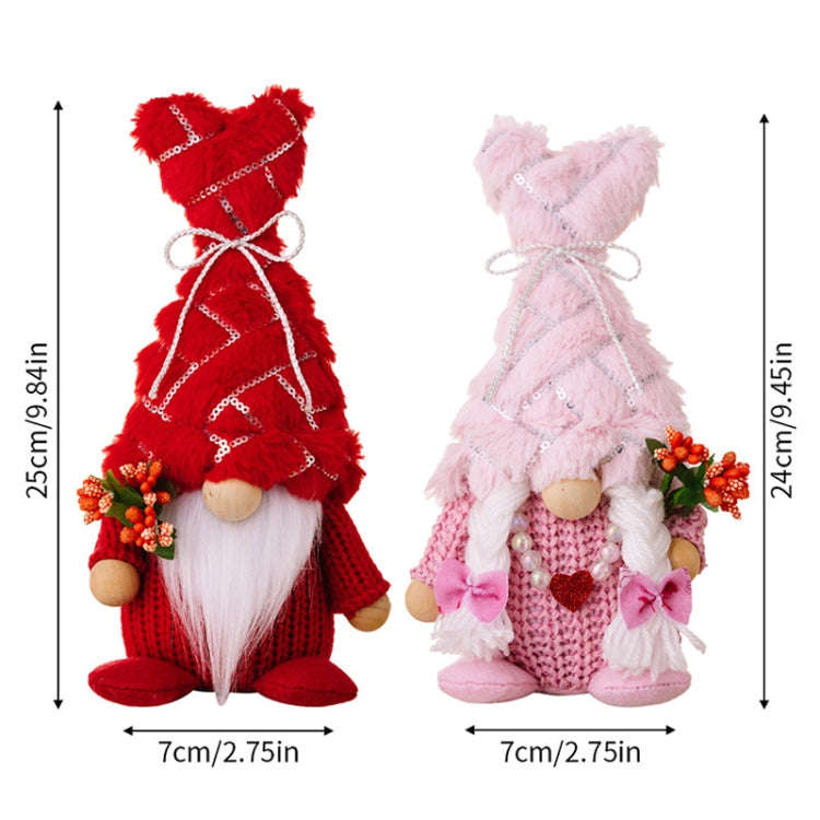 Christmas Love Pompom Hat Standing Figure Valentine Day Forest Doll Decoration(Pink Female)