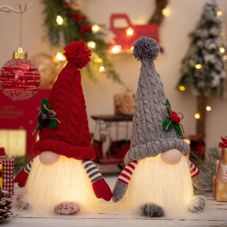 Knitted Pointed Hat Gnome Figurine With Lights Christmas Decorations(Red)