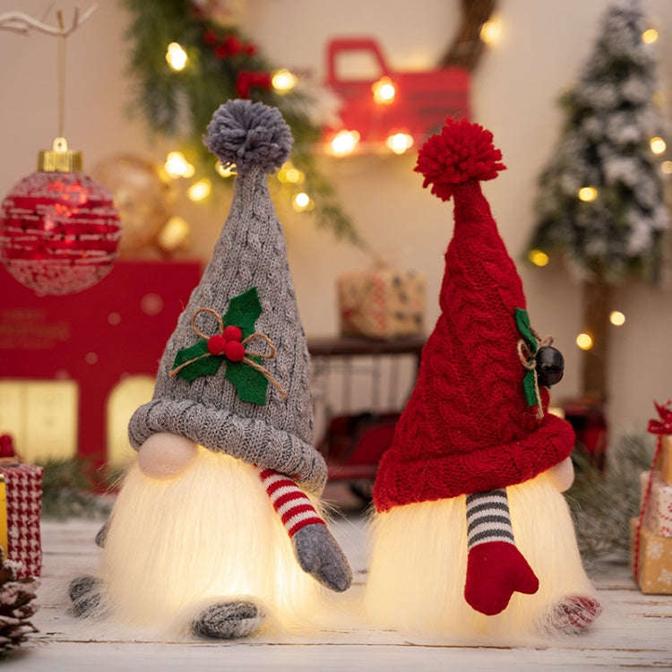 Knitted Pointed Hat Gnome Figurine With Lights Christmas Decorations(Red)