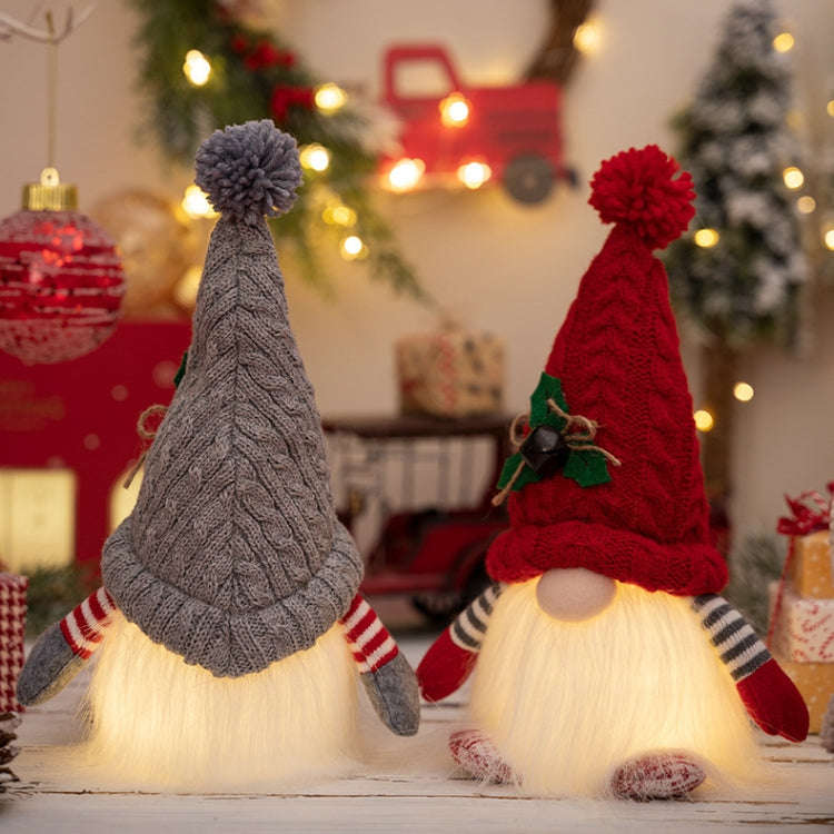 Knitted Pointed Hat Gnome Figurine With Lights Christmas Decorations(Red)