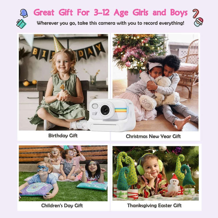 2.0-Inch LED Flash 1080P HD Recording Photo Printing Camera With 3-Rolls Paper, Color: Purple+32G