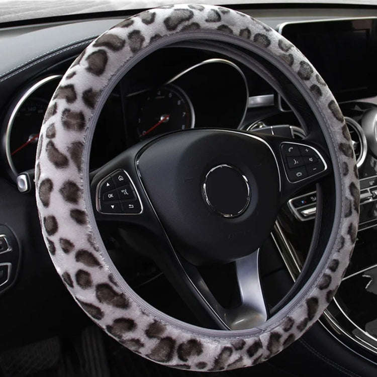 High-Density Plush Leopard Print Steering Wheel Cover Without Inner Ring(Gray)