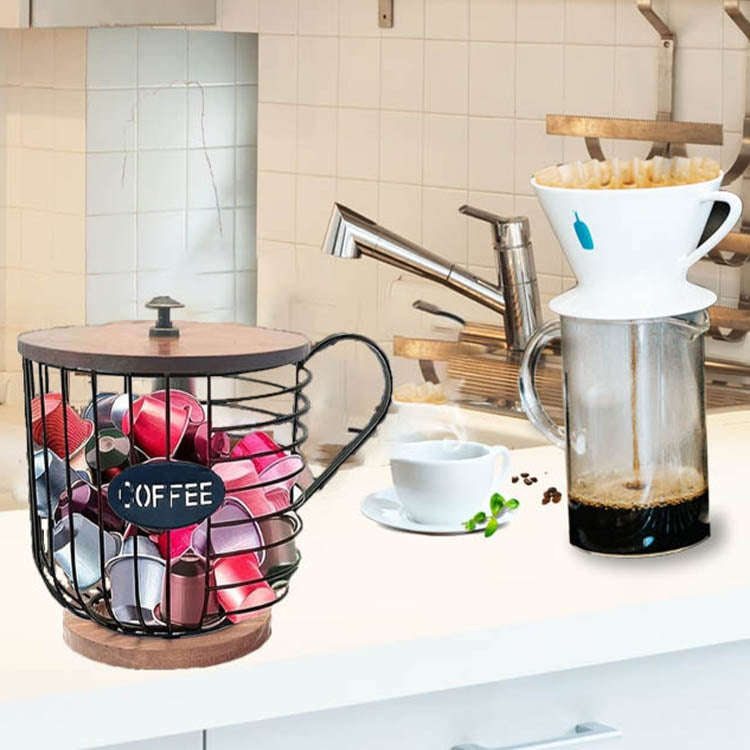 Coffee Companion Storage Rack Cup-Shaped Kitchen Storage Basket, Color: Black with WordsLid