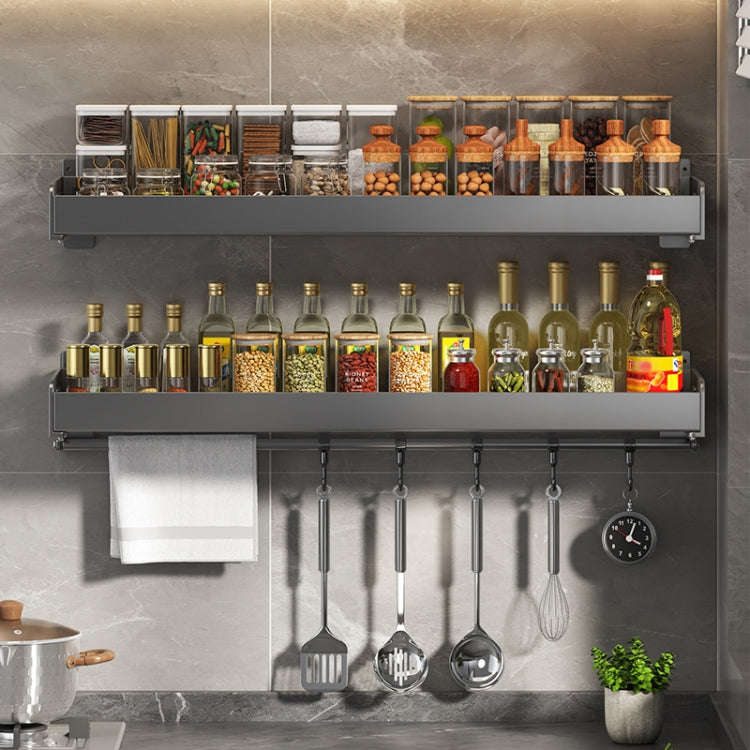 Wall Mounted Kitchen Spice Rack Carbon Steel Bathroom Storage Shelf Towel Rack 40cm With Hooks