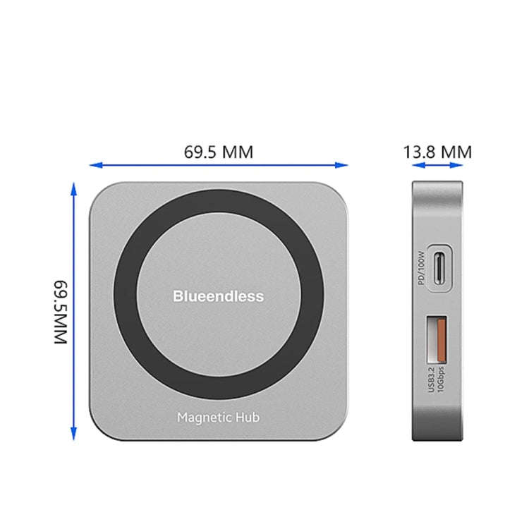 Blueendless 8-In-1 Magnetic HUB With M.2 NVMe/SATA SSD Enclosure (HDMI+PD100W+USB-C/Type-C 3.2+US...