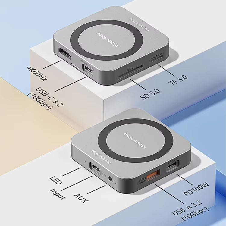 Blueendless 8-In-1 Magnetic HUB With M.2 NVMe/SATA SSD Enclosure (HDMI+PD100W+USB-C/Type-C 3.2+US...