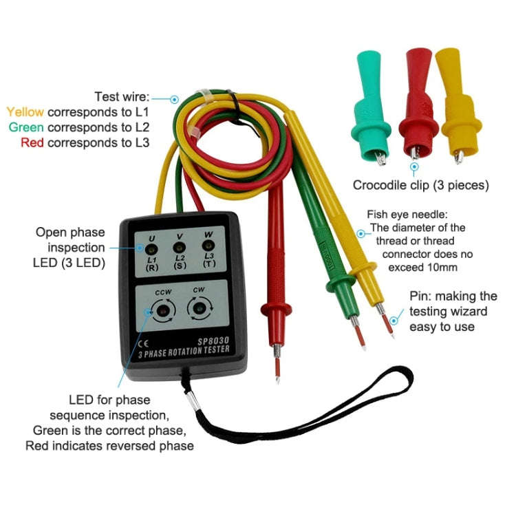 SP8030 3 Phase Alternating Current Phase Meter Phase Detector Rotation Tester Indicator Digital P...