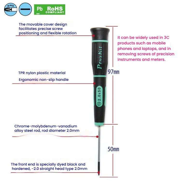 ProsKit SD-081-S3 Slotted Precision Screwdriver(2.0 x 50mm) for Daily Electronics Repairs(Green B...
