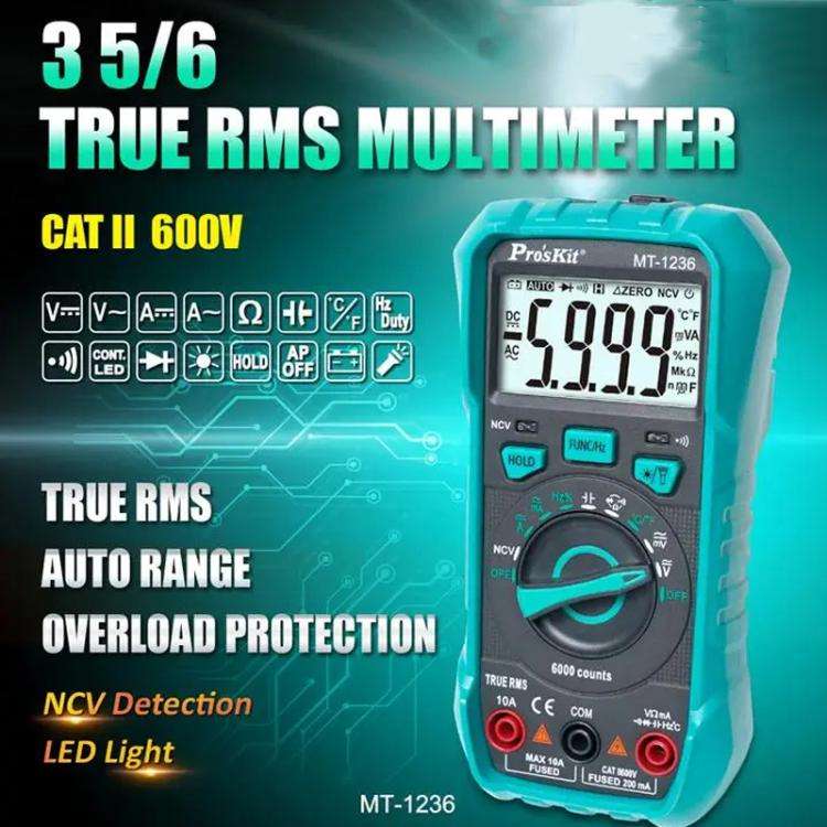 ProsKit MT-1236-C 3-5/6 True-RMS Digital Multimeter For ACA, ACV, DCA, DCV, Frequency, Cycle Duty...