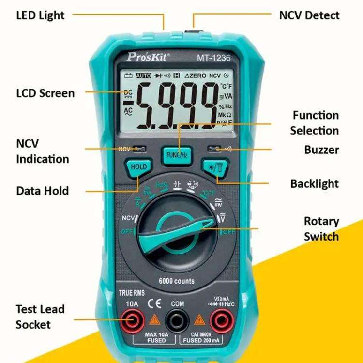 ProsKit MT-1236-C 3-5/6 True-RMS Digital Multimeter For ACA, ACV, DCA, DCV, Frequency, Cycle Duty...