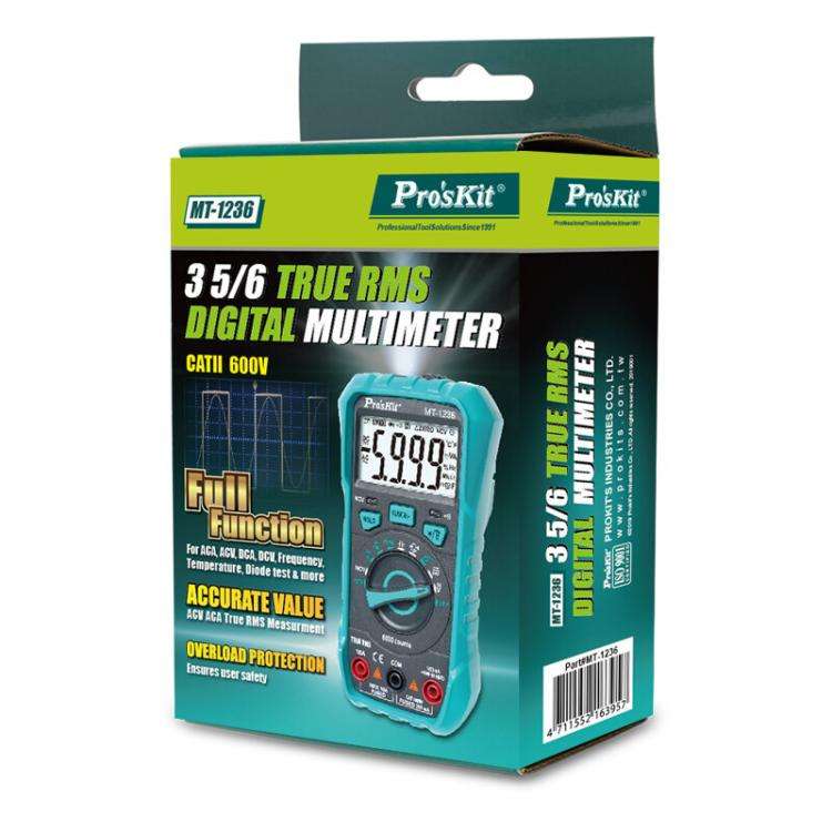 ProsKit MT-1236-C 3-5/6 True-RMS Digital Multimeter For ACA, ACV, DCA, DCV, Frequency, Cycle Duty...