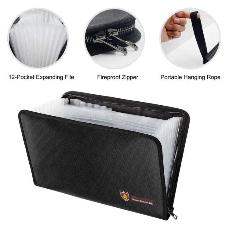 Fireproof Waterproof Accordion File Bag Document Organizer with 12 Pockets A4 Size 14.3x9.8x0.8 Inch