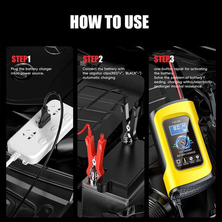 FOXSUR 12V8A SUV Car Motorcycle Intelligent Repair Type Lead-acid Battery Charger(UK Plug)