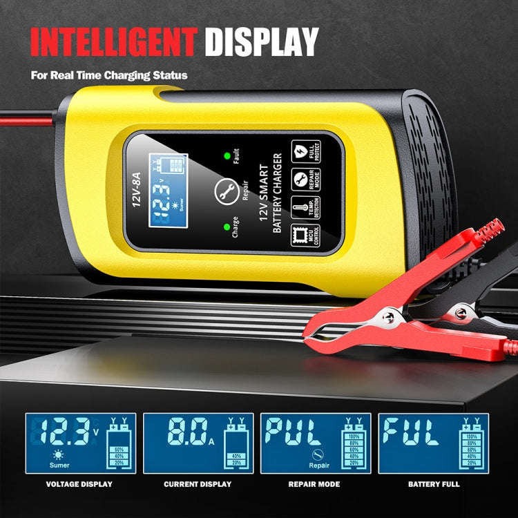 FOXSUR 12V8A SUV Car Motorcycle Intelligent Repair Type Lead-acid Battery Charger(UK Plug)