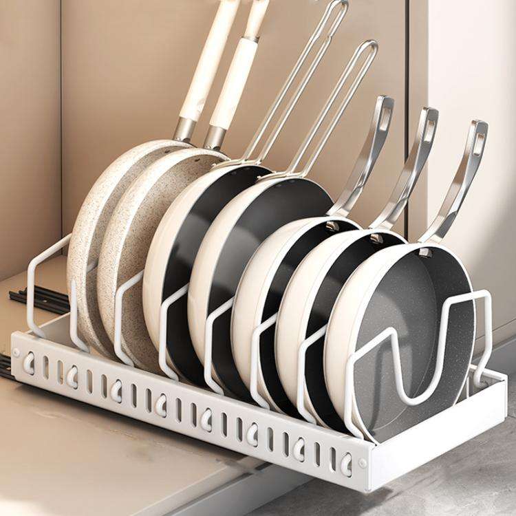 Kitchen Pull-Out Rack Pots And Pans Organizer Cabinet Countertop Dish Tray 42cm With Baffle White