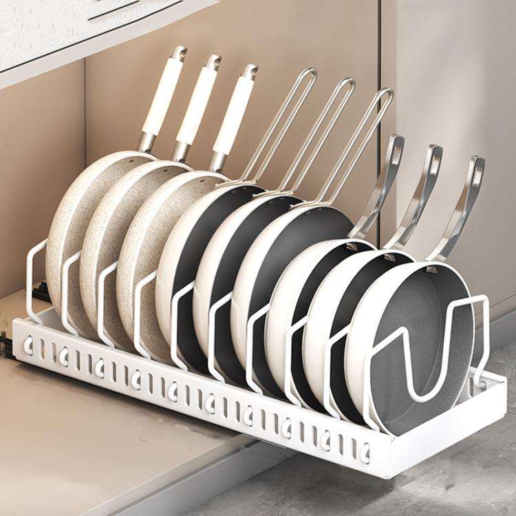Kitchen Pull-Out Rack Pots And Pans Organizer Cabinet Countertop Dish Tray 52cm With Baffle White