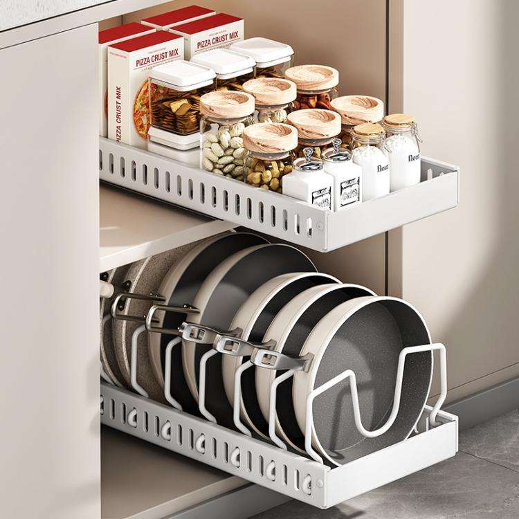 Kitchen Pull-Out Rack Pots And Pans Organizer Cabinet Countertop Dish Tray 52cm With Baffle Black