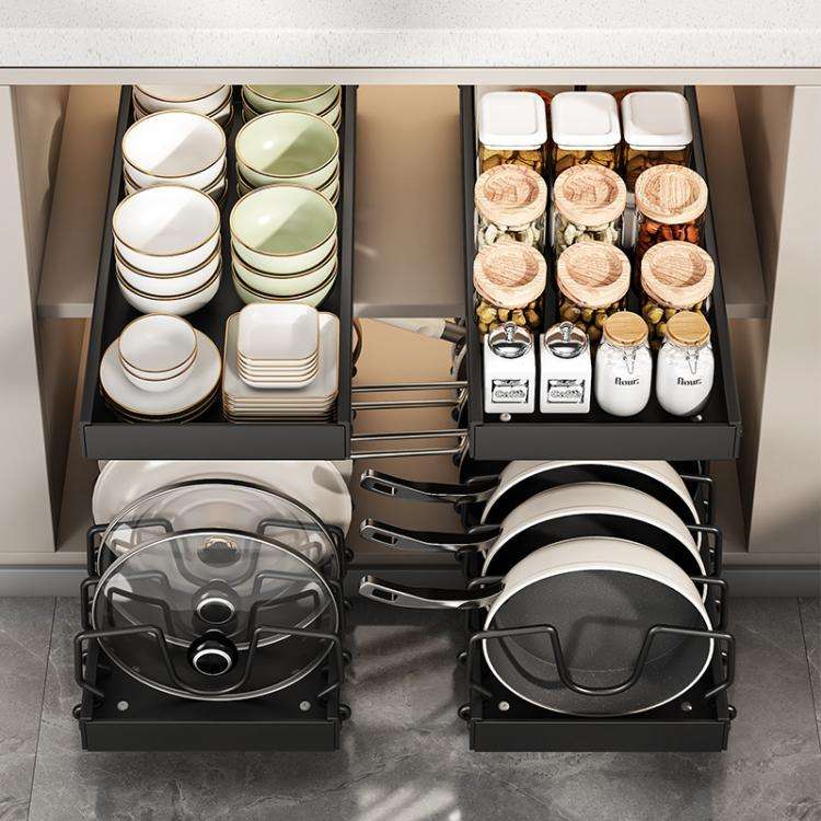 Kitchen Pull-Out Rack Pots And Pans Organizer Cabinet Countertop Dish Tray 52cm With Baffle Black