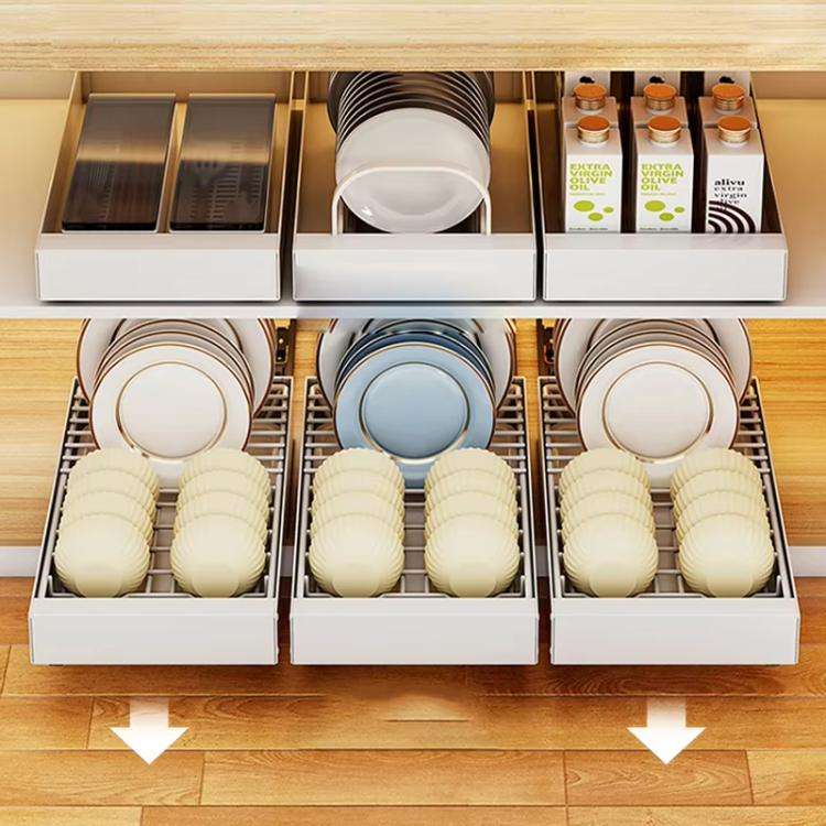 Pull-out Drainable Bowl Dish Storage Rack Cabinet Organizer Slide-out Drawer(Gray)