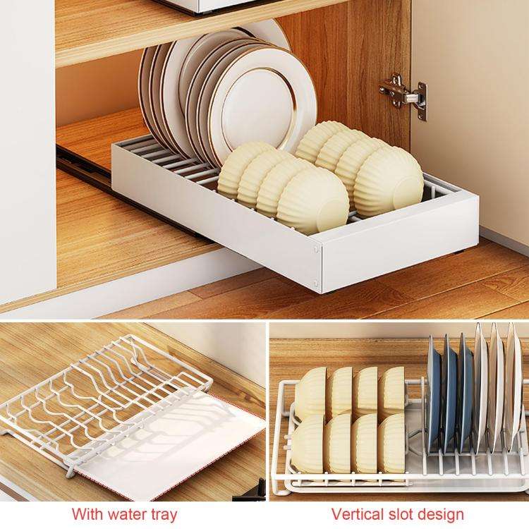 Pull-out Drainable Bowl Dish Storage Rack Cabinet Organizer Slide-out Drawer(Gray)