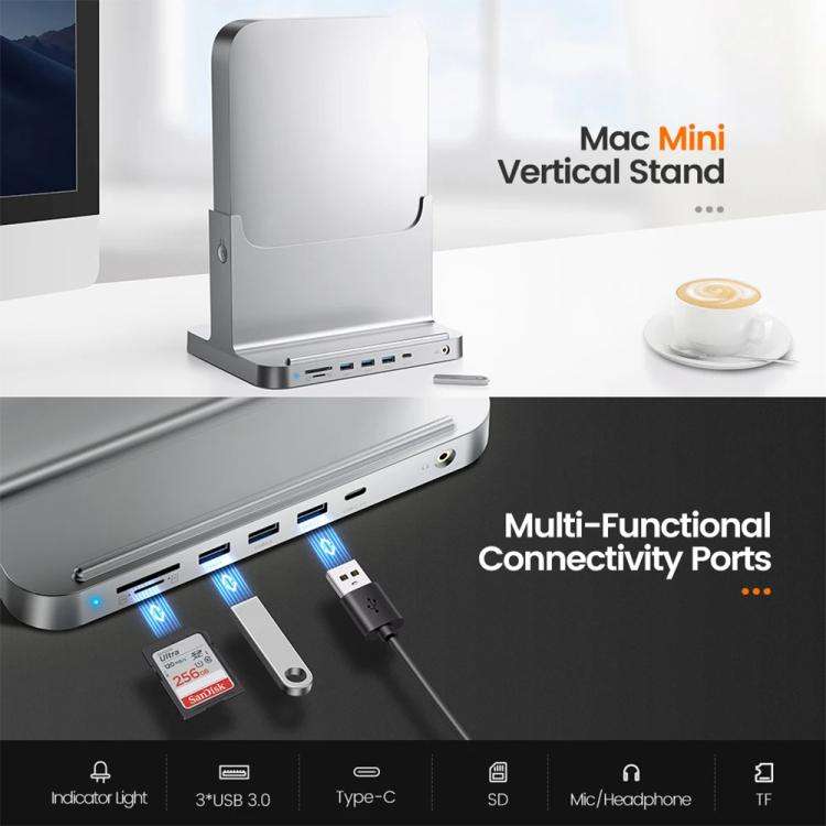 Vaydeer SZD011 For Mac Mini Desktop Computer Host Vertical Stand with Docking Station(Silver)
