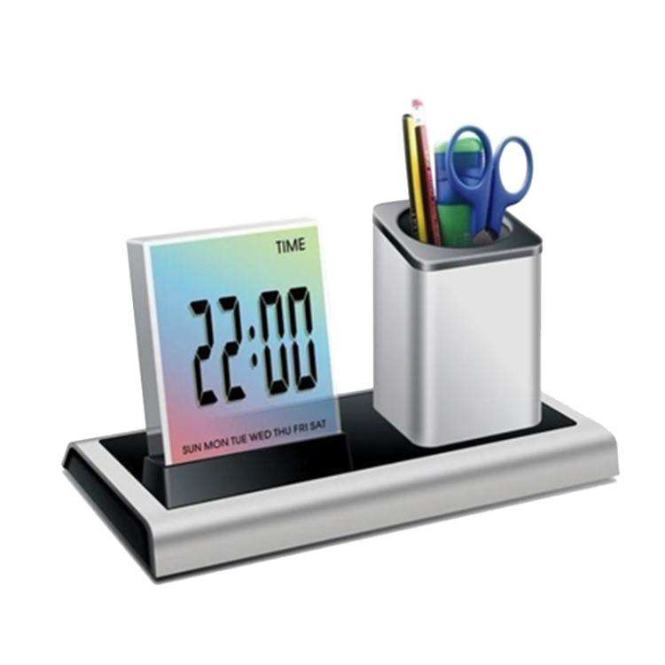 288A Multifunctional Colorful Calendar / Temperature Display LED Alarm Clock With Pen Holder(Silver)