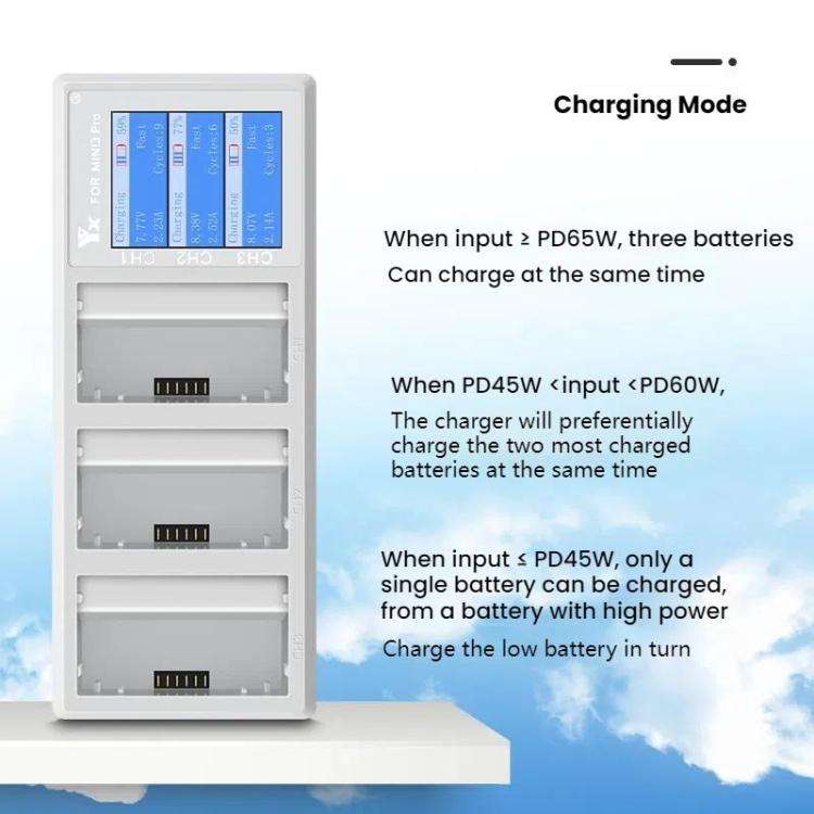 For DJI Mini 4 Pro / Mini 3 Pro / Mini 3 YX Color Screen 3-Way Charger Battery Manager With 65W E...
