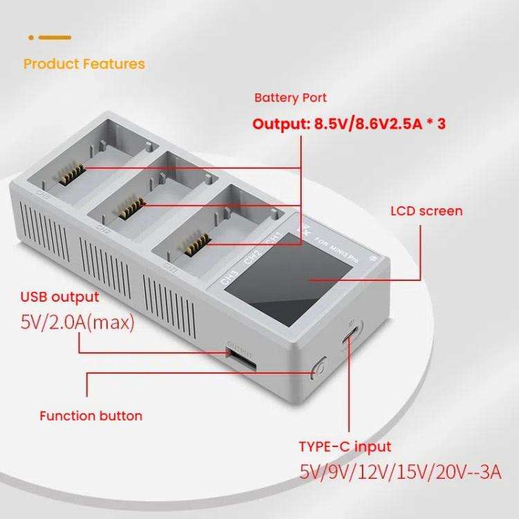 For DJI Mini 4 Pro / Mini 3 Pro / Mini 3 YX Color Screen 3-Way Charger Battery Manager With 65W E...