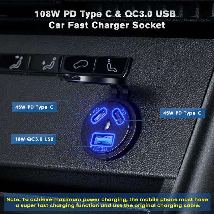Kewig P22A 12-24V Vehicle Motorcycle Boat Modified Dual PD+QC3.0 3-Port Car Charger With Switch, ...