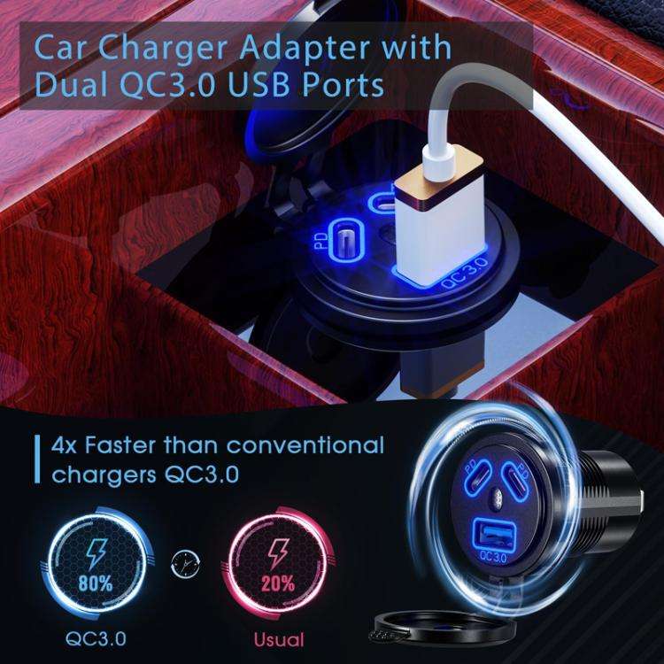 Kewig P22A 12-24V Vehicle Motorcycle Boat Modified Dual PD+QC3.0 3-Port Car Charger With Switch, ...