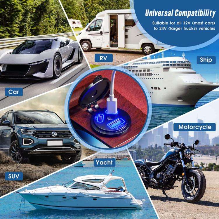 Kewig P22A 12-24V Vehicle Motorcycle Boat Modified Dual PD+QC3.0 3-Port Car Charger With Switch, ...