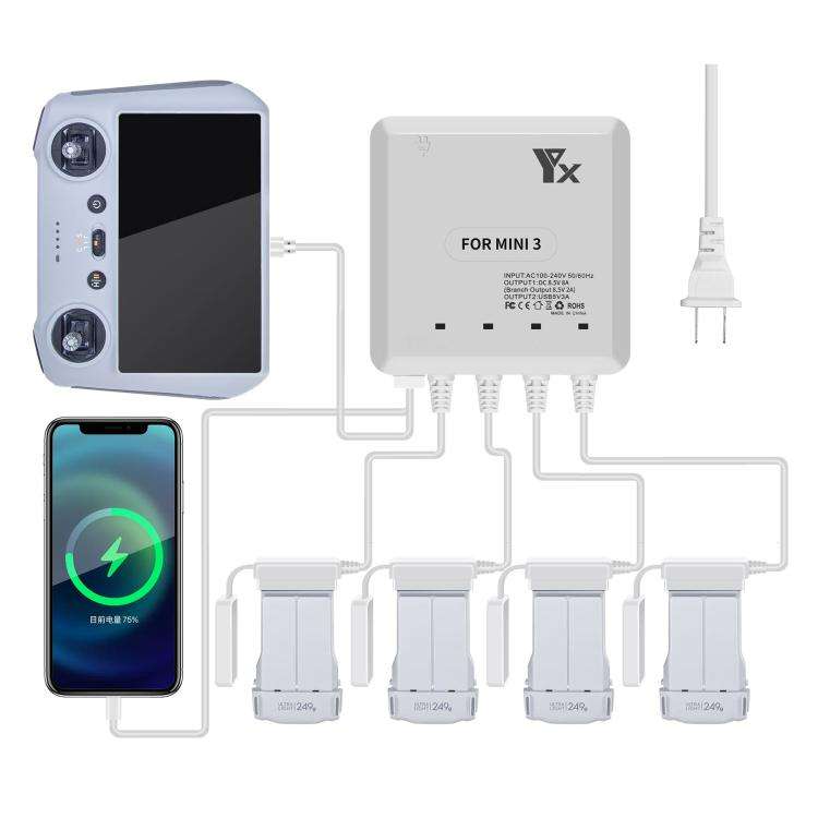For DJI Mini 4 Pro / Mini 3 Pro / Mini 3 Drone YX 4-way Charger Battery Butler UK Plug
