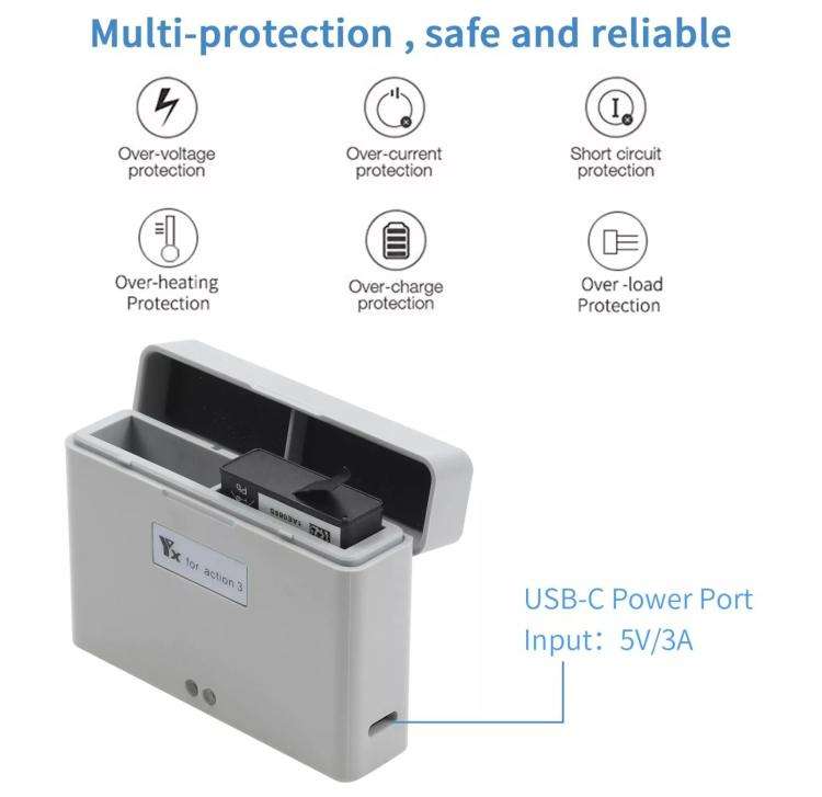 For DJI Action 3 / Action 4 Camera YX 2-Way Charger Battery Manager(Gray)