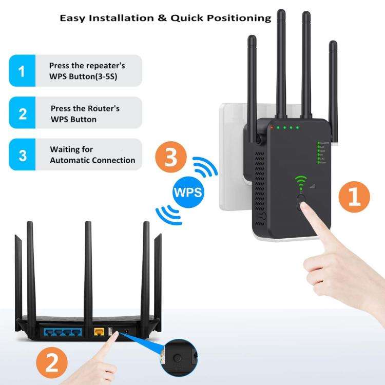 Urant U10 1200Mbps 2.4G & 5.8G Wireless Repeater WiFi Signal Amplifier With 4 Antenna US Plug Black