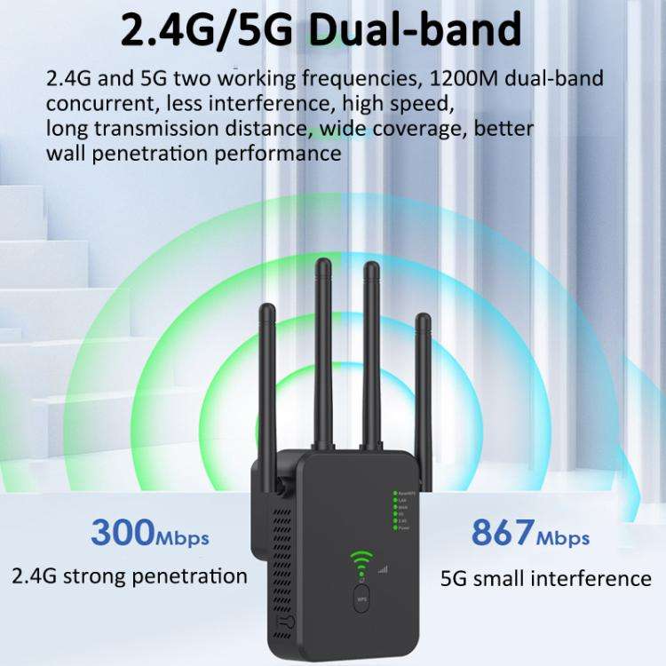Urant U10 1200Mbps 2.4G & 5.8G Wireless Repeater WiFi Signal Amplifier With 4 Antenna US Plug Black