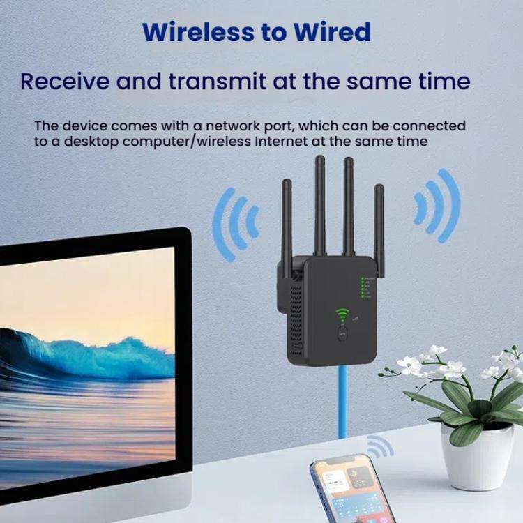 Urant U10 1200Mbps 2.4G & 5.8G Wireless Repeater WiFi Signal Amplifier With 4 Antenna US Plug Black