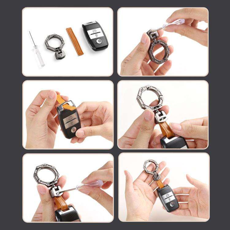 Hallmo Business Zinc Alloy Top-Layer Cowhide Key Chain Car Key Anti-Lost Pendant(Black)