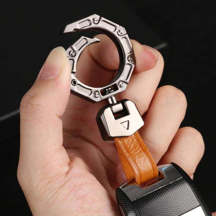 Hallmo Business Zinc Alloy Top-Layer Cowhide Key Chain Car Key Anti-Lost Pendant(Brown)