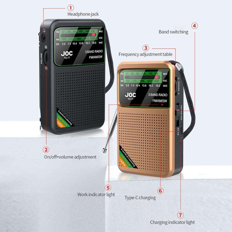 JOC TG-77 Mini FM / AM / SW Portable Full-Band Full-Channel Radio(Gold)