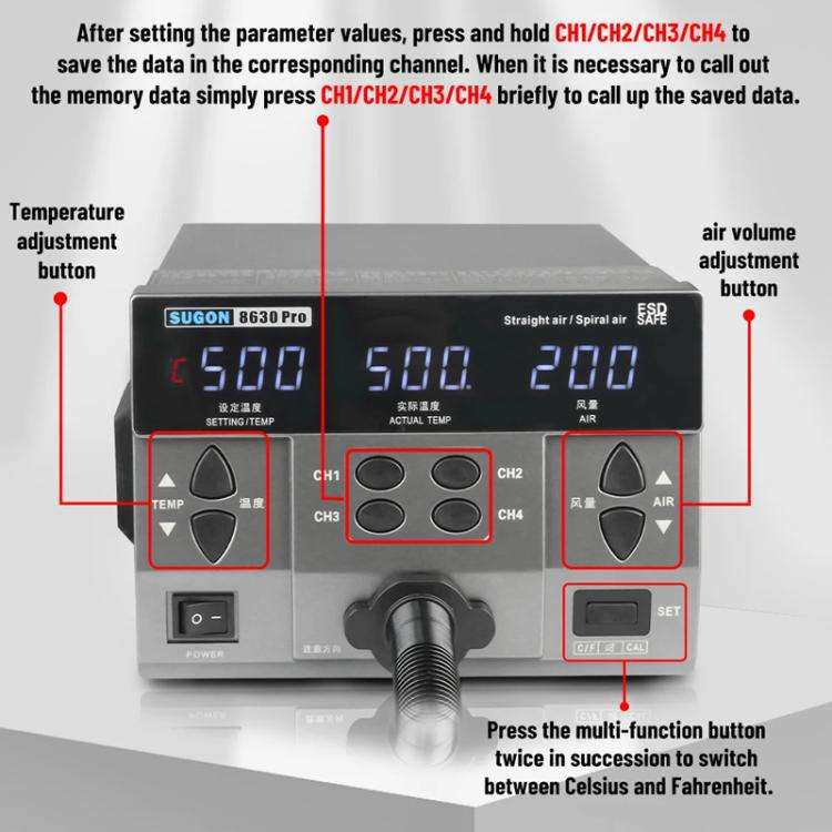 SUGON 8630 Pro Large Wind Power Cell Phone Repair CPU Digital Display Hot Air Soldering Station E...