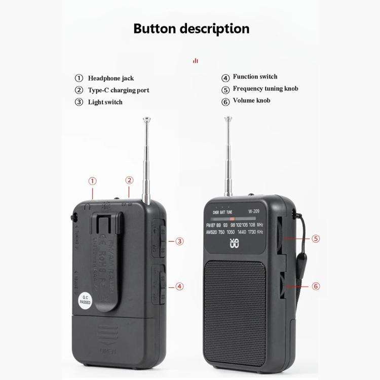 W-209 Mini Portable Rechargeable / Battery Dual-mode Powered Pointer FM Radio with Flashlight(Blue)