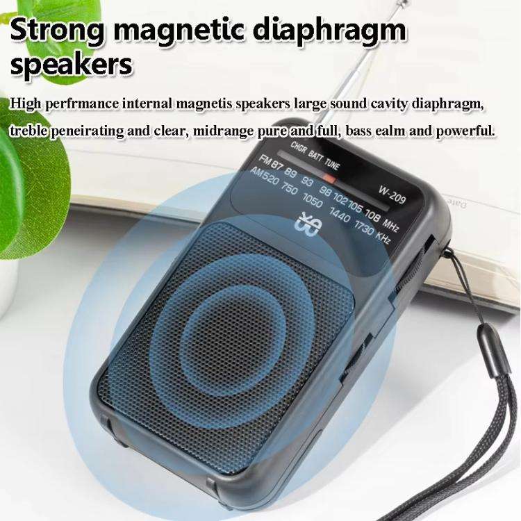 W-209 Mini Portable Rechargeable / Battery Dual-mode Powered Pointer FM Radio with Flashlight(Blue)