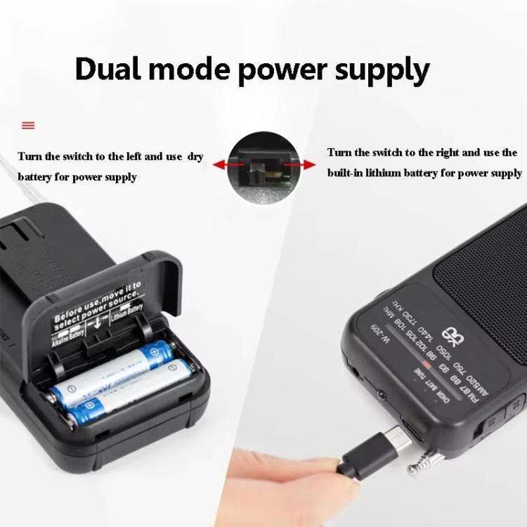 W-209 Mini Portable Rechargeable / Battery Dual-mode Powered Pointer FM Radio with Flashlight(Blue)