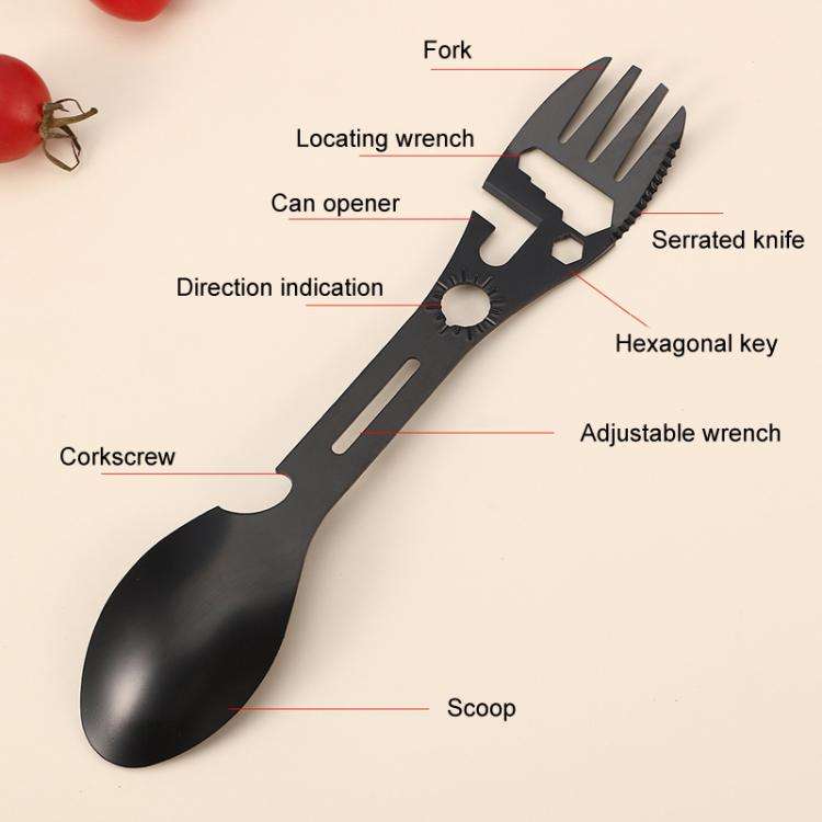2pcs 10 In 1 Outdoor Camping Picnic Multifunctional Portable Fork and Spoon Tool(Black)