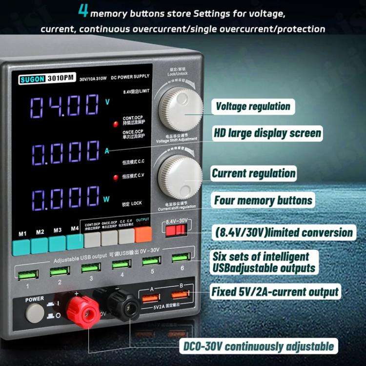 SUGON 3010PM 150W 30V 10A 4 Digital Display Cell Phone Repair Power Meter US Plug