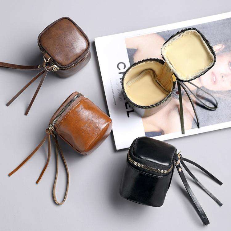 Oil Wax PU Leather Portable Bucket Bag Mini Retro Lipstick Earphone Bag Small Objects Storage Coi...