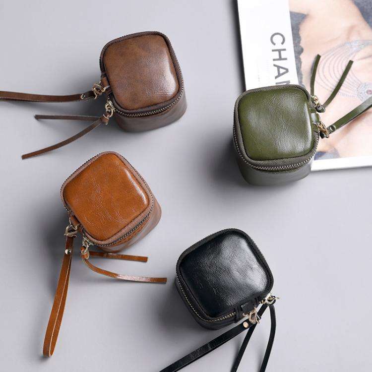 Oil Wax PU Leather Portable Bucket Bag Mini Retro Lipstick Earphone Bag Small Objects Storage Coi...