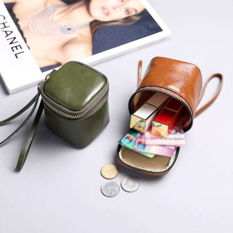 Oil Wax PU Leather Portable Bucket Bag Mini Retro Lipstick Earphone Bag Small Objects Storage Coi...