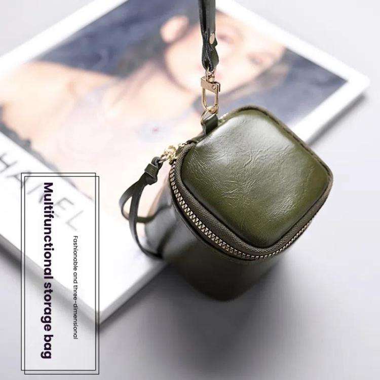 Oil Wax PU Leather Portable Bucket Bag Mini Retro Lipstick Earphone Bag Small Objects Storage Coi...