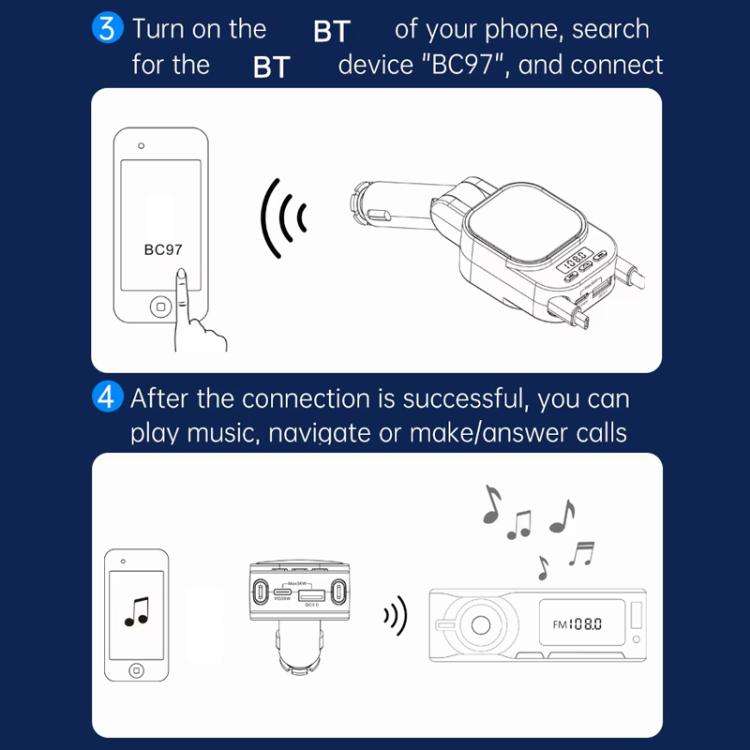 BC97 Dual Retractable Cable Car Charger Automobile Bluetooth MP3 Player